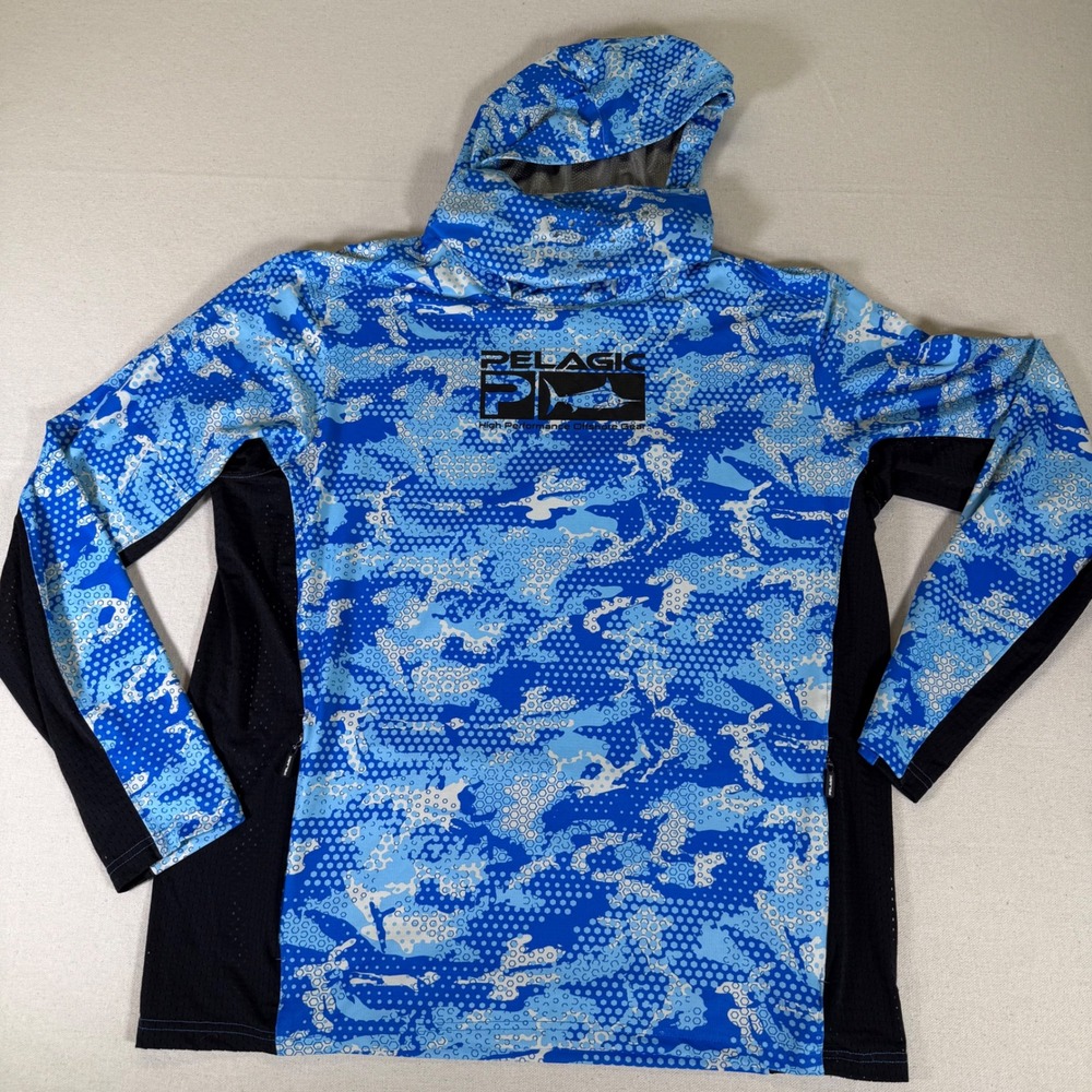 Pelagic Exo-Tech Fishing Hoodie Mens XL Blue Camo Sun Shirt Face Mask Hooded